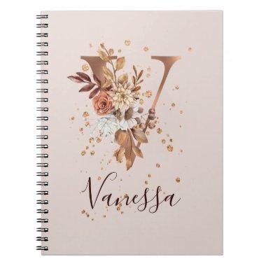 Copper Autumn Floral Letter V Fall Flowers Notebook