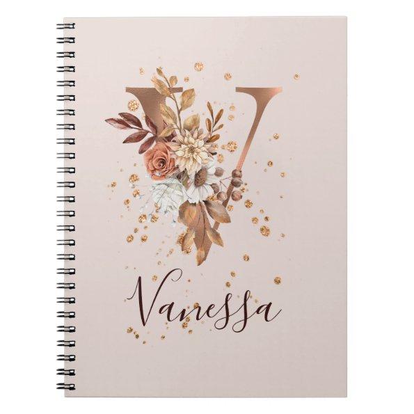 Copper Autumn Floral Letter V Fall Flowers Notebook