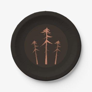 Copper Bronze Tall Pine Trees Rustic Wedding Paper Plates