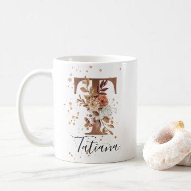 Copper Floral Letter T Monogram Coffee Mug