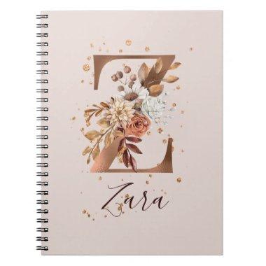 Copper Floral Monogram Letter Z Fall Flowers Notebook