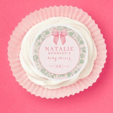 Coquette Aesthetic Pink Bow Sage Green Baby Girl Edible Frosting Rounds