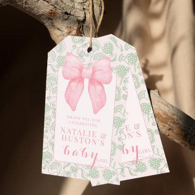 Coquette Aesthetic Pink Bow Sage Green Baby Girl Gift Tags