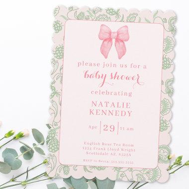 Coquette Aesthetic Pink Bow Sage Green Baby Girl Invitations