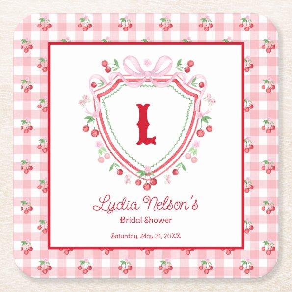 Coquette Cherry Monogam  Square Paper Coaster