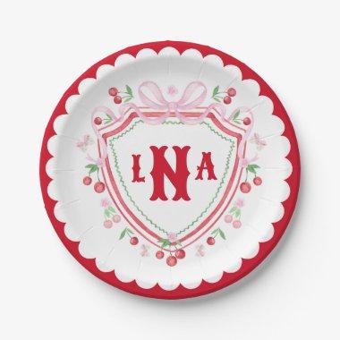 Coquette Cherry Monogram Crest  Paper Plates