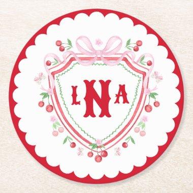 Coquette Cherry Monogram Crest  Round Paper Coaster