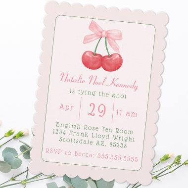 Coquette Pink Bow Cherries Aesthetic Bridal Shower Invitations