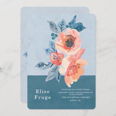 Coral and Dusty Blue Floral Boho Bridal Shower Invitations