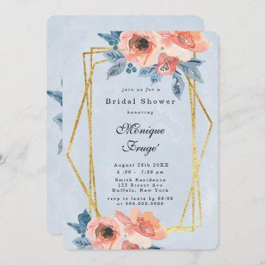 Coral And Dusty Blue Floral Bridal Shower Invitations