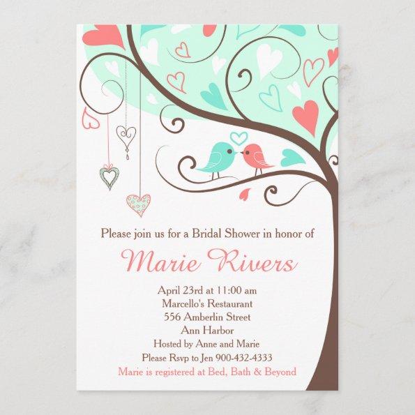 Coral and Mint Floral Bird Bridal Shower Invitations