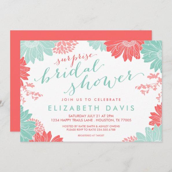 Coral and Mint Floral Surprise Bridal Shower Invitations