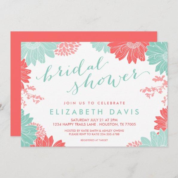 Coral and Mint Modern Floral Bridal Shower Invitations