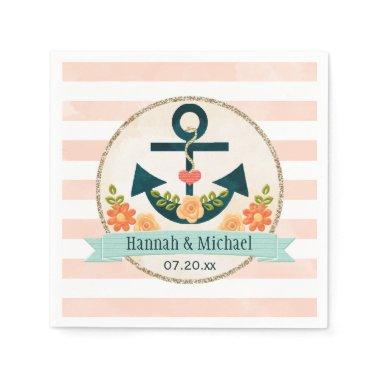 Coral and Navy Blue Nautical Anchor Wedding Paper Napkins