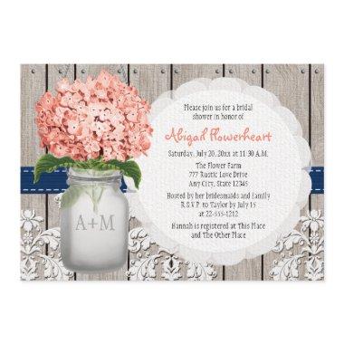 Coral and Navy Hydrangea Mason Jar Bridal Shower Invitations