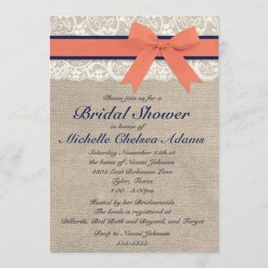 Coral and Navy Ribbon Rustic Bridal Shower Invitations