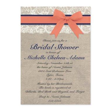 Coral and Navy Ribbon Rustic Bridal Shower Invitations