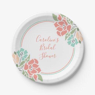 Coral and Teal Floral Bridal Shower Paper Plates
