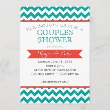 Coral and turquoise Chevron Shower Invitations