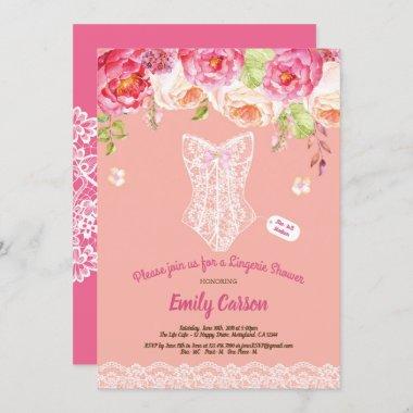 Coral and white lace lingerie shower bridal party Invitations