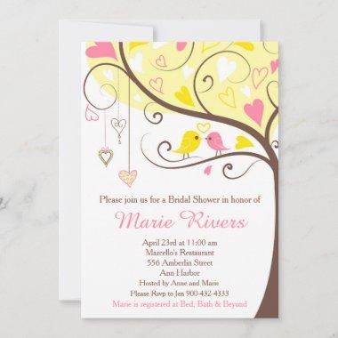 Coral and Yellow Floral Bird Bridal Shower Invitations