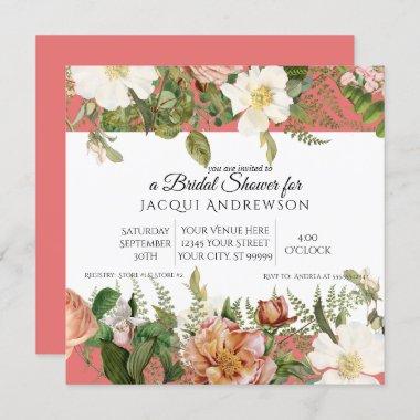 Coral Blush Pink Ivory Roses Floral Bridal Shower Invitations