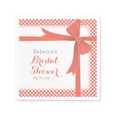 Coral Colored Bow & White Dots Bridal Shower Paper Napkins