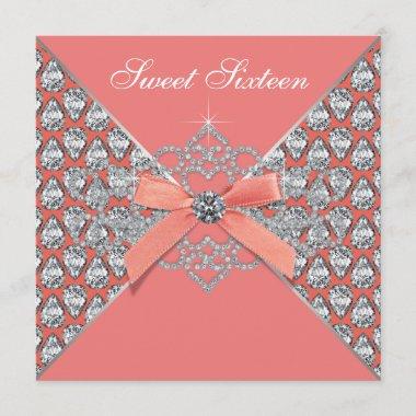 Coral Diamonds Coral Sweet 16 Birthday Party Invitations