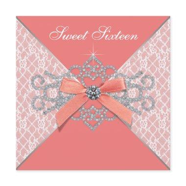 Coral Diamonds Coral Sweet 16 Birthday Party Invitations