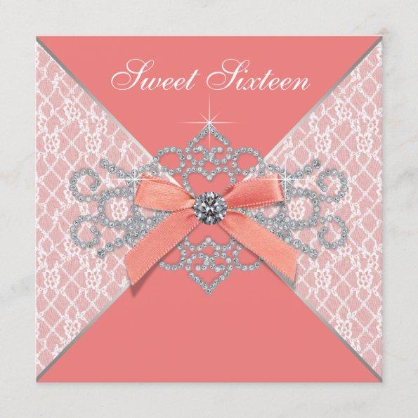 Coral Diamonds Coral Sweet 16 Birthday Party Invitations