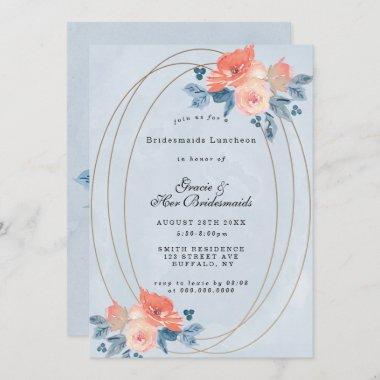 Coral Dusty Blue Gold Bridesmaids Luncheon Invites