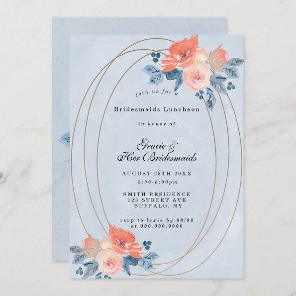 Coral Dusty Blue Gold Bridesmaids Luncheon Invites
