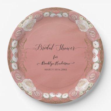 Coral Elegant Rose Gold Vintage Pink Floral Bridal Paper Plates
