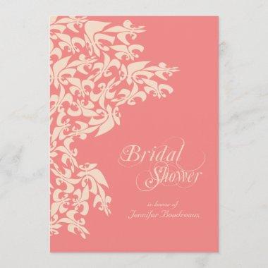 Coral Fancy Fleur de Lis Damask Bridal Shower Invitations