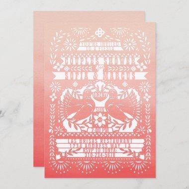 Coral Fantail Doves Papel Picado Couples Shower Invitations