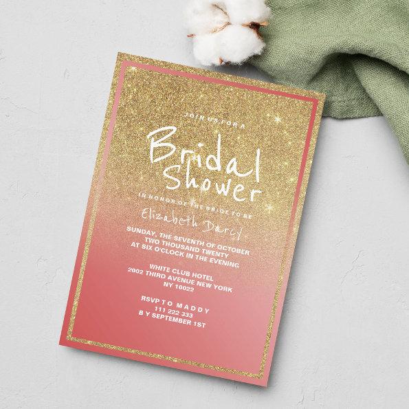 Coral faux gold ombre glitter modern Bridal Shower Invitations