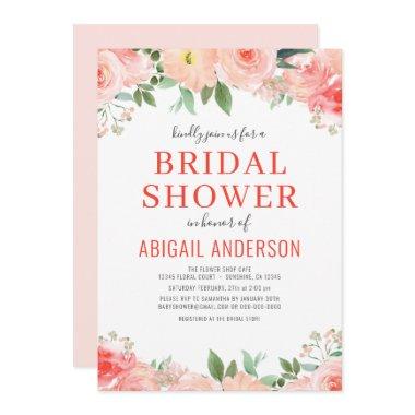 Coral Floral Bridal Shower Peach Watercolor Invitations