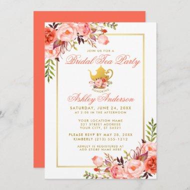 Coral Floral Bridal Shower Tea Party Gold Invite