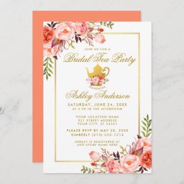 Coral Floral Gold Bridal Shower Tea Party Invite