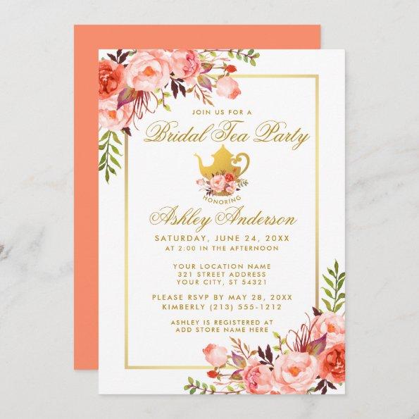 Coral Floral Gold Bridal Shower Tea Party Invite