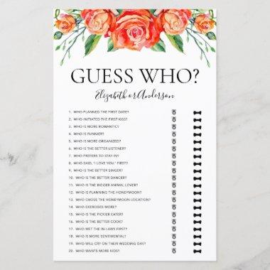 Coral Floral Guess Who Bridal Shower Game