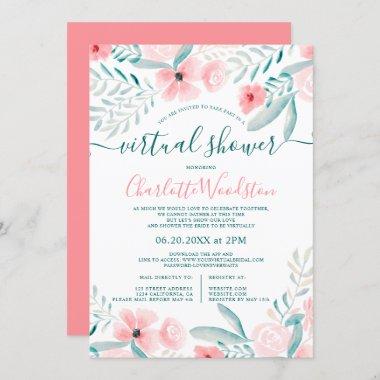 Coral floral watercolor script virtual shower Invitations