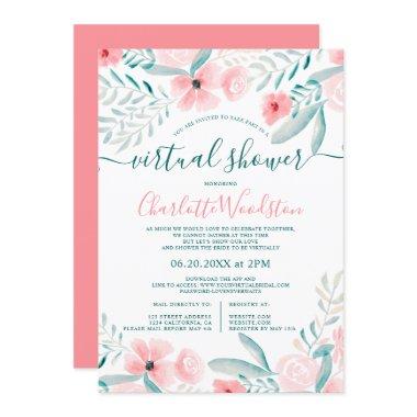 Coral floral watercolor script virtual shower Invitations