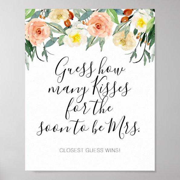 Coral Flowers Guess How Many Kisses Bridal Shower Poster