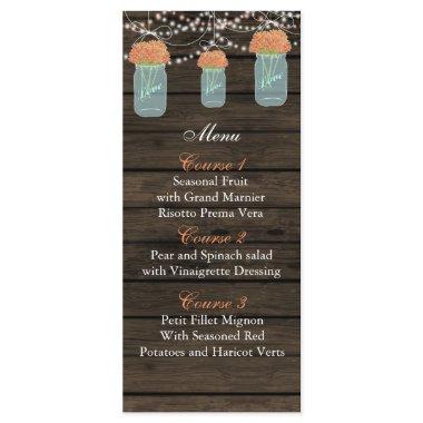 coral flowers mason jar wedding menu