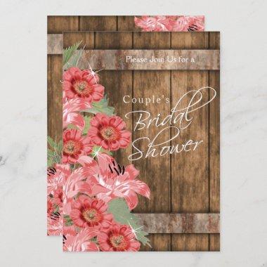 Coral Flowers on Rustic Wood - Bridal Shower Invitations