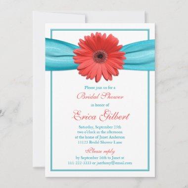 Coral Gerbera Daisy Aqua Ribbon Bridal Shower Invitations