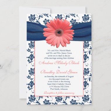 Coral Gerbera Daisy Navy Floral Wedding Invitations