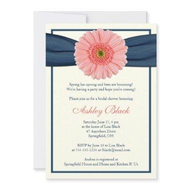 Coral Gerbera Navy Ribbon Bridal Shower Invitations