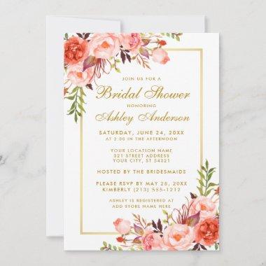 Coral Gold Floral Bridal Shower Invitations